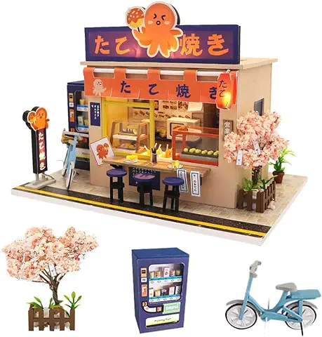 Erhumama Pulpo Burning Japonés Tienda Miniatura Casa de Muñecas LED Kit de Luz Montado Puzzle Modelo de Juguete DIY Niños Niños Cumpleaños  