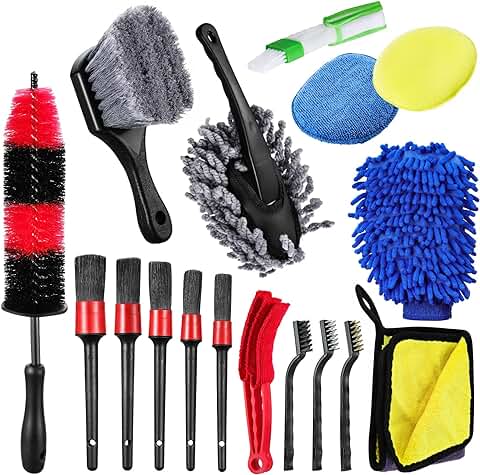 EROOSY Kit Limpieza Coche17 PCS, Juego de Cepillo de Limpieza Coche, Kit de Limpieza Interior y Exterior del Coche, Cepillos Kit Limpieza Coche para Automóvil Moto  