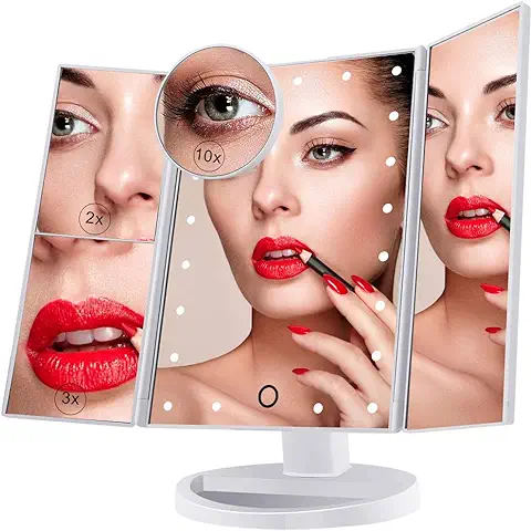 Espejo de Maquillaje Iluminado, 21 Luces LED Espejo Cosmético de Tocador, Pantalla Táctil de Aumento Tri-Fold 2X 3X 10X de Aumento, Rotación Libre de 180 °, Fuente de Alimentación Dual Blanco  