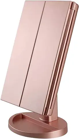 Espejo Iluminado para el Maquillaje – con 21 Luces LED, Espejo de Vanity Trifold Rueda de 180°, Aumento 3X/2X Espejo para el con Pantalla Táctil para el Maquillaje y el Cuidado de la Piel (Oro Rosa)  