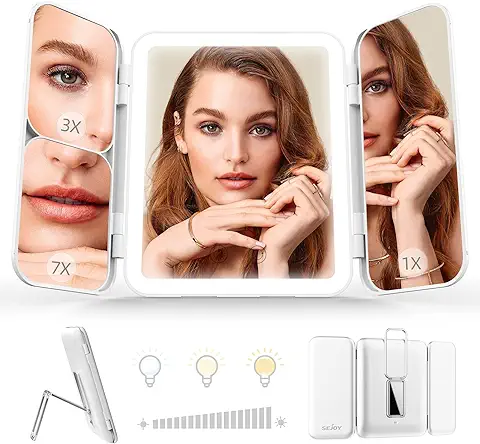 Espejo Maquillaje Con Luz, Portátil de Maquillaje Iluminado de Viaje, Espejo de Aumento 1X/3X/7X con Luces, Espejo de Tocador Triple luz de 3 Colores, Brillo Ajustable, Recargable, para Mesa, Baño  