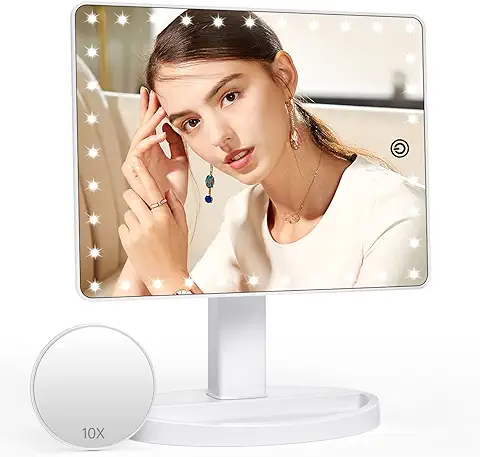 Espejo Maquillaje Grande, Espejo Aumento de 1X/10X, Luz Ajustable con 35 LED, Pantalla Táctil Espejo Cosmético, Fuente de Alimentación Doble, Portátil Espejo Tocador de 360°Rotación (Blanco)  