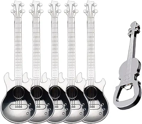 ESRISE Cuchara de Guitarra, Cuchara de Café, Regalo para Músicos, Regalo Divertido de Música, Cucharadita, Acero Inoxidable, Regalo (plata-6 con Abridor)  