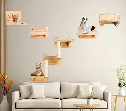 Estantes de Pared para Gatos, Juego de Muebles de Pared para Gatos, Estantes y Perchas para Pared, Juego de Parque Infantil para Escalar Gatos, Poste Rascador para Gatos con Estante de Pared de 3  