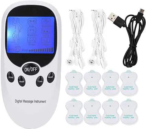 Estimulador Muscular Electrónico Digital, Dispositivo TENS para el Alivio del Dolor con Dos Salidas, 6 Modos y 8 Electrodos, Instrumento de Masaje Estimulación EMS/TENS para Entrenamiento Muscular  