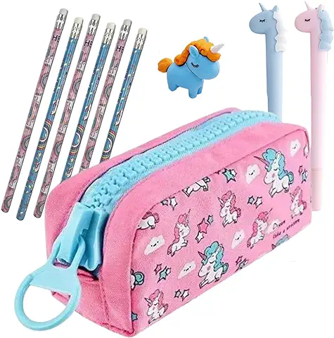 Estuche Escolar Unicornios - Regalo para Niña 6 7 8 9 Años - Set de Papeleria con Lápices, Goma y Bolígrafos - Cremallera Grande y Gran Capacidad - Regalo Original Cumpleaños Unicornio (Rosa)  