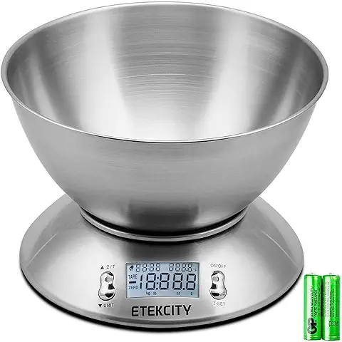 Etekcity Báscula Digital para Cocina con Bol Removible, 5 kg / 11 lbs, Balanza de Cocina de Acero Inoxidable, Temporizador y Sensor de Temperatura, Pantalla LCD, EK4150  