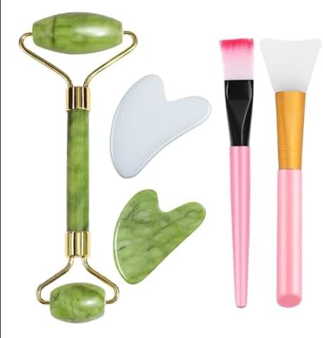 EUDUQ Juego de 5 Rodillos de jade Gua Sha, Masajeador Facial, Piedras de Masaje de Raspa, Rodillo Gua Sha, jade con Pincel para Máscara para Hinchazón de Ojos, Reafirmación de la Piel, Antiedad  