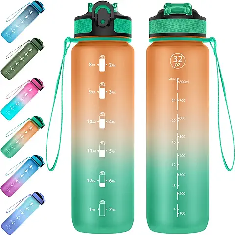 EYQ Botella Agua Deportiva 1L, Botella de Agua con Pajita Tritan sin BPA, Botella Reutilizable con Marcador de Tiempo para Gimnasio Colegio Acampar Oficina al Aire Libre (Verde Naranja)  