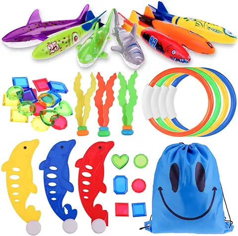 Fabur 34pcs Juguetes de Buceo Conjunto para Niños Incluir Torpedos Bandidos*4,Anillos de Buceo*4,Algas Marinas*3,Gemas de Buceo Juguetes*16,Delfines*3,Tiburón*3,Bolsillo con Cordón*1  