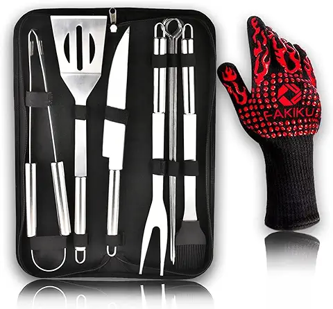 Fakiku - Set Barbacoa - Kit Accesorios Profesionales en Acero Barbacoa A Gas, Carbón, Set Utensilios de Cocina, Guantes de Cocina Ignífugos, Utensilios Resistentes al Calor con Maletín  