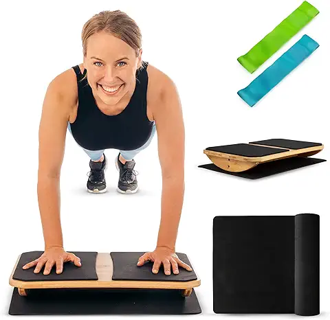 Falkenbaum Juego de Tabla de Equilibrio de Bambú, Incluye Alfombrilla Antideslizante y 2 Bandas de Resistencia, Equipo de Gimnasio en casa para Mejorar el Fitness, Tabla de Equilibrio de Fitness  