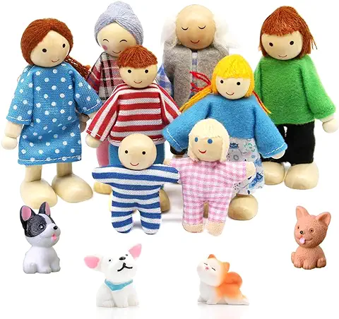 Familia de Muñecas de Madera 12 Piezas Figuras de Personas Familiares de Casa de Muñecas Mini Muñeca Familia Figuras con Gato y Perro para Accesorios de Casa de Muñecas de Imitación  