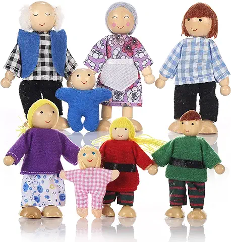 Familia de Muñecas de Madera de 8 Personas para la casa de Muñecas, Pequeñas Figuras Juguetes para Niños Niñas Regalo  