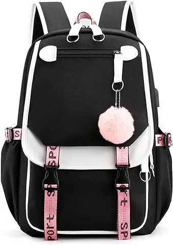 FANDARE Mochilas Escolares Mochilas Tipo Casual Niños Niñas Juveniles Bolsas Escolares con USB Mochilas Escolares para Estudiante Viaje Hiking Infantiles Daypacks con Colgante Bola de Pelo  