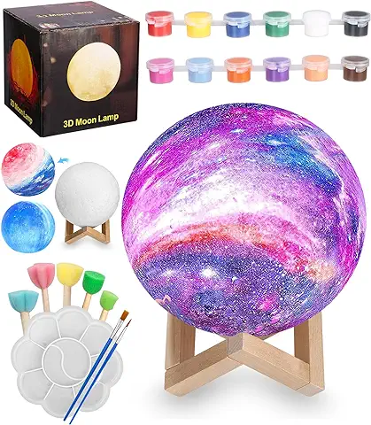 FAOKZE Kit de Pintura Lámpara Luna,lámpara de luna DIY,Luz Nocturna Infantil con Pincel y Soporte de Madera,Kit Manualidades Luz Nocturna de Luna 3D,Regalo Cumpleaños para Niñas y Niños  