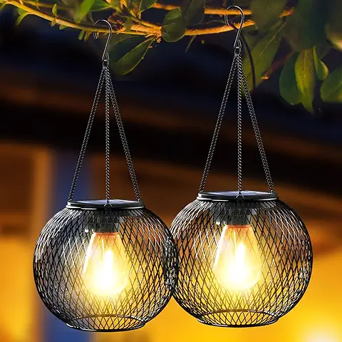 Farolillos Solares Exterior, Ortiny 2 Piezas Lamparas Solares Exterior Jardin IP65 Impermeable Lampara Vintage Decoracion Farol Solar Exterior para Patio Terraza Césped Fiesta Mesa Boda Parque Navidad  