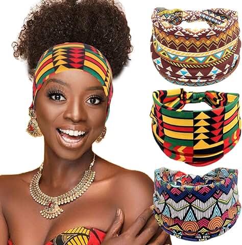 Fashband Diademas Africanas Bohemias Anchas con Estampado Elástico, Accesorios para el Cabello, Entrenamiento, Yoga, para Mujeres y Niñas (paquete de 3) (C)  