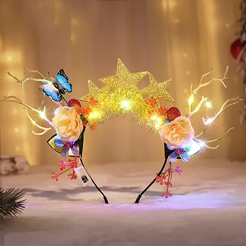 Fashband Diademas Navideñas Iluminadas con Astas de reno Diadema con Estrellas LED y Flores Diadema para Festivales Fiesta Navidad Accesorios para el Cabello para Mujeres y Niñas  