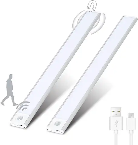 Fauxpont 2Packs Luz LED Armario con Sensor Movimiento 30CM,USB Recargable Lampara LED,3 Modos de Luz,3 Colores,Magnético Luz Nocturna para Escaleras,Armario,Pasillo,Cocina,Garaje  