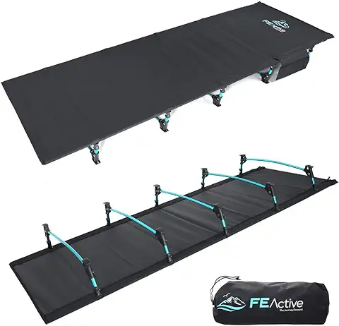 FE Active Cama Plegable Compacta - Cama de Camping Portátil Ultraligera Fuerte y Resistente. Cómoda para Adultos y Niños. Ideal para Acampar. Se Adapta al Colchón de Aire | Diseñado en California  