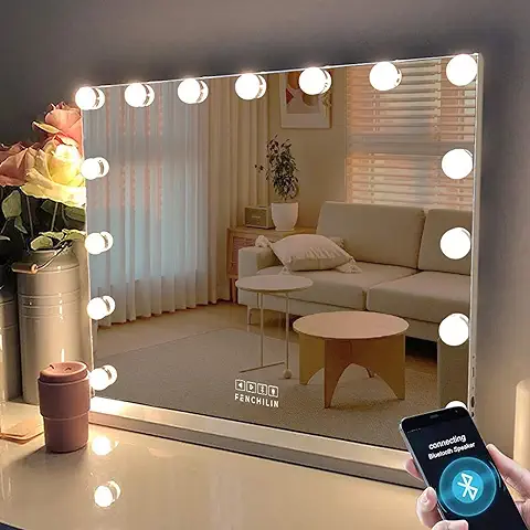 FENCHILIN Espejo Maquillaje con Luz Altavoz Espejo Tocador con 15 Bombillas LED 3 Modos Espejo con USB Control Táctil Espejo Hollywood de Mesa Grande con Luz 58x46cm  