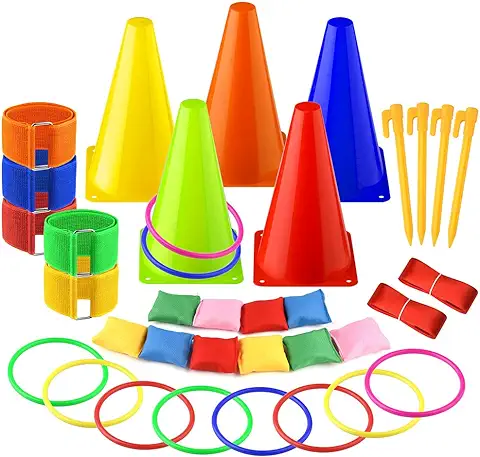 FEPITO Juego Combinado de Juegos, Multicolor, al Aire Libre de Pascua 6 en 1 Carnival Cornhole Bean Bags Ring Toss Game Supplies 36 Pcs Set  