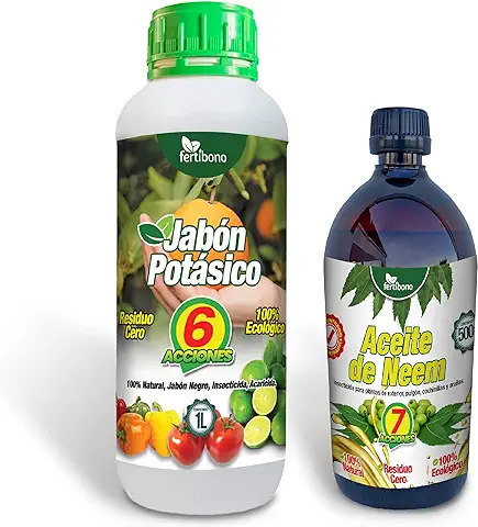 FERTIBONO Jabón Potásico, Aceite de Neem, (Pack 1L Jabón + 500ml Neem), 100% Naturales para Control de Plagas y Enfermedades en Plantas – Máxima Concentración y Máxima Efectividad  