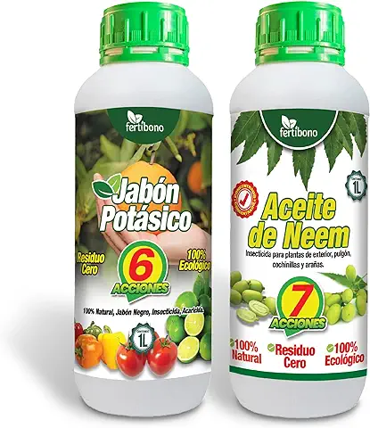 FERTIBONO Jabón Potásico y Aceite de Neem, 100% Naturales para Control de Plagas y Enfermedades en Plantas – Máxima Concentración y Máxima Efectividad (Pack 1L +1L)  