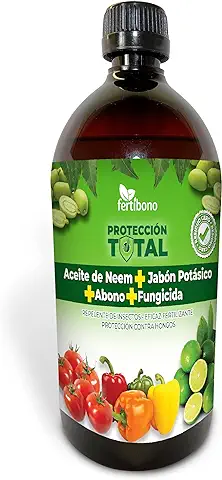 FERTIBONO Protección Total: Jabón Potásico, Aceite de Neem, Fungicida y Abono Natural - Protección, Prevención y Curación de Enfermedades Fúngicas e Insectos Dañinos en Plantas - Residuo Cero (1000)  