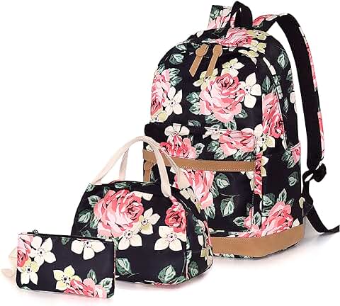 FEWOFJ Mochilas Escolares Chica Lona Vintage Backpack Canvas Casual + Bolsa del Almuerzo + Monedero Grande 3pcs (Floral)  