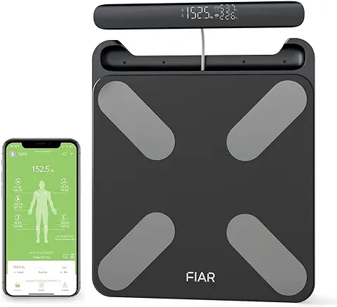 FIAR Bascula Grasa Corporal y Muscular - Bascula de Baño Digital Inteligente Bluetooth con 8 Electrodos, 24 Indicadores, Informe de Aplicación, Hasta 180 kg, Mango con Pantalla LED  