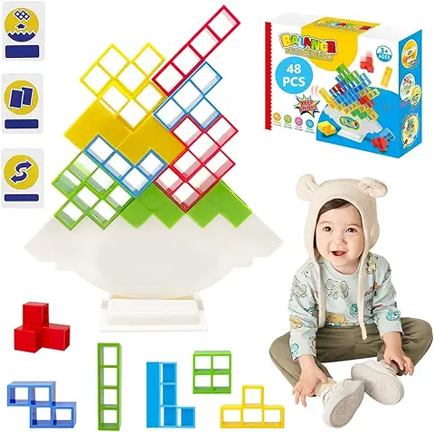 Fiotha 48 Piezas Tetra Tower Game, Stack Attack Juego,Tetra Tower Balance Blocks, Tetra Tower Juego de Equilibrio, Juego de Equilibrio de Torre Tetris, Tetris Block Game, para Adultos o Niños 3+ Años  