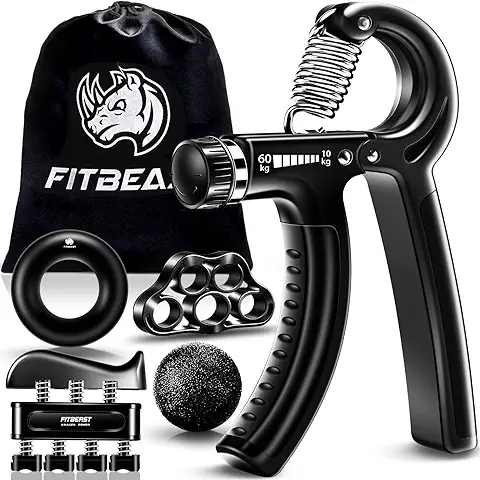 FitBeast Hand Grip para Antebrazo Ejercitar – Paquete de 5 Piezas, Fortalecedor de Agarre de Manos Ajustables, Ejercitador de Manos, para Estirar Los Dedos, Anillo para Entrenar y Pelota Anti Estrés  