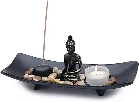 Flanacom Jardín Zen de con Figura de Buda - Jardín Japonés en Miniatura - Set de Esotherik con 3 Varillas de Incienso - Amuletos de la Suerte Budistas, Taoístas y Feng Shui (Candelabro #2)  