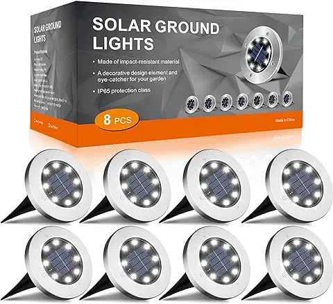 FLOWood (8Pcs) Luz Solar Jardin Decoracion Exterior 8LEDs, Lámpara Solar de Tierra, Impermeable, Acero Inoxidable, Luz Suelo para Lawn de Suelo, Entrada de Coches, Patios, Caminos, Blanco Luz  