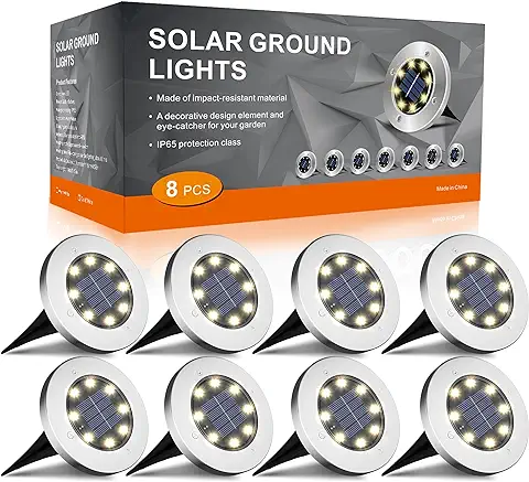 FLOWood (8Pcs) Luz Solar Jardin Decoracion Exterior 8LEDs, Lámpara Solar de Tierra, Impermeable, Acero Inoxidable, Luz suelo para Lawn de Suelo, Entrada de coches, Patios, Caminos, Luz Amarilla