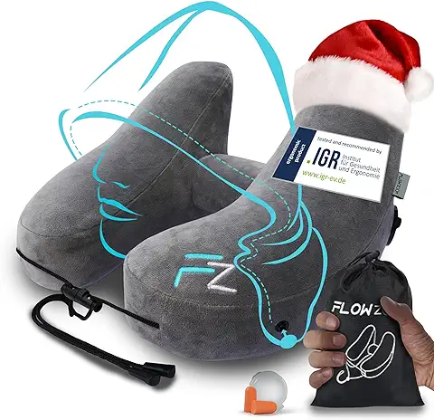 FLOWZOOM Almohada de Viaje Hinchable de Cuello | Cojin Cervical para Adultos | Viaje para Avion con Capucha de Felpa | Inflable Rápida - Gris  