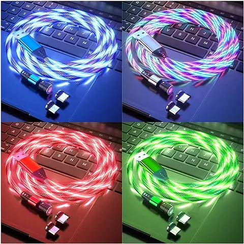 Fluido Cable de Carga Magnético LED (1 m + 1 m + 2 m + 2 m, 4 Unidades), Rotación de 540°, Carga Rápida Magnética, Cable USB Visible, 2 en 1, Cable Magnético para Smartphone Android Micro USB tipo C  