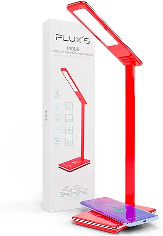 FLUX'S - Lámpara Escritorio LED con Carga Inalámbrica Wireless y Puerto USB, Flexo de Lectura con 4 Modos y 10 Niveles de Brillo, Control Táctil Regulable y Temporizador, Bajo Consumo (Rojo)  