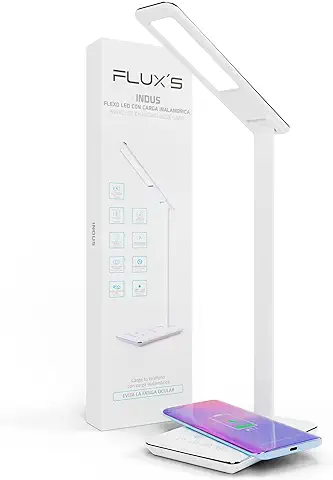 FLUX'S - Lámpara Escritorio LED con Cargador Inalámbrico y Puerto de Carga USB, Flexo LED de Lectura con 4 Modos y 10 Niveles de Brillo, Control Táctil y Temporizador, Bajo Consumo (Blanco)  