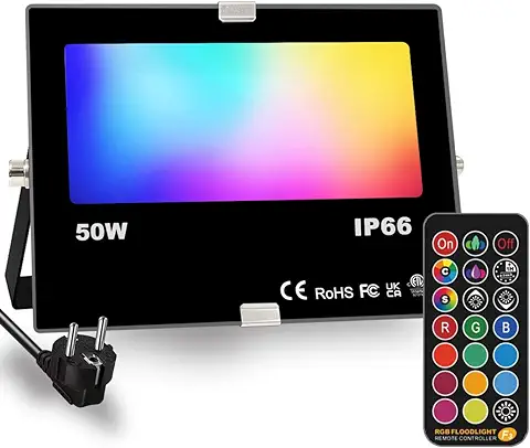 Foco LED RGB Exterior, Cambio de Color 50W, modo Estroboscópico Personalizado para Bricolaje, RGB 12 Colores, Temporización, Control Remoto Incluido, IP66 a Prueba de agua  