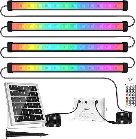 Foco Solar Rgb, CLV Foco led Colores con Control Remoto RF 360°, Foco led RGB Exterior, Impermeable IP66, 9 Cambio de Color, 6 Brillos, 5 Modos Dinámico, Temporización, Función de Memoria para Jardin  