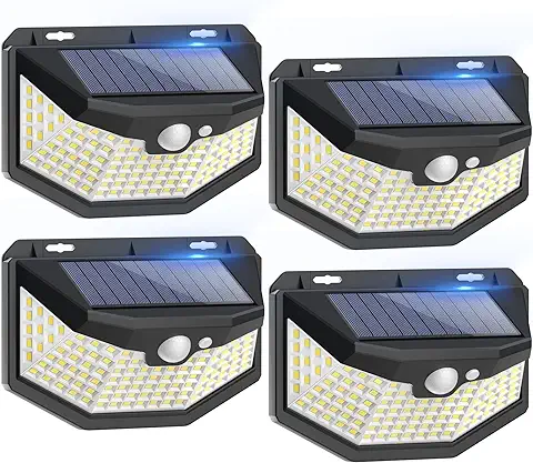 Focos LED Exterior Solares con Sensor de Movimiento IP67 Impermeable Luz Solar Exterior Jardin, Lampara Solar Exterior con Múltiples Superficies Iluminadas Para Exteriores Jardin, Garaje, 4 Paquete  