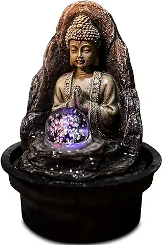 Fontaine Peace – Fuente de Interior Buda Zen Relajante con Luz LED – Decoración de Hogar Zen – Regalo Pequeño Precio- Fuente de Mesa – Circuito Cerrado – Beige y Marrón – H 18 cm – Zen'Light  