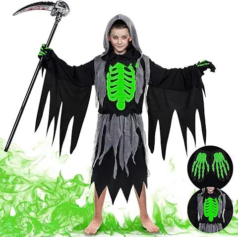 FORMIZON Disfraz de Parca Halloween para Niños, Disfraz Grim Reaper Aterrador con Guadaña Muerte y Guantes, Disfraces de Muerte de Esqueleto que Brillan en la Oscuridad, Carnaval Cosplay (XXL)  