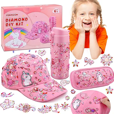 FORMIZON Regalo Niñas 4-10 Años, Kit de Manualidades con Pegatinas de Diamantes y de Unicornios, DIY Botella de Agua, Gorra de Béisbol y Bolsa para Lápices, Regalos de Cumpleaños y Navidad para Niñas  