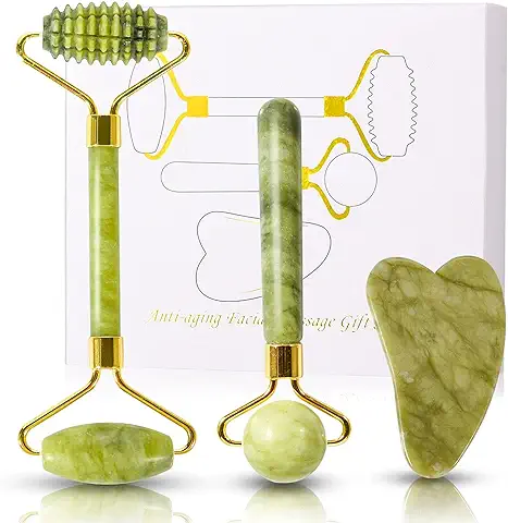 FORMIZON Rodillo de Jade Masajeador Facial y Gua Sha, Facial Masaje Piedra Gua Sha Jade, Herramienta de Masajeador de Rodillo de Piel Facial para Cara, Ojo, Cuello y Cuerpo (3Pcs)  