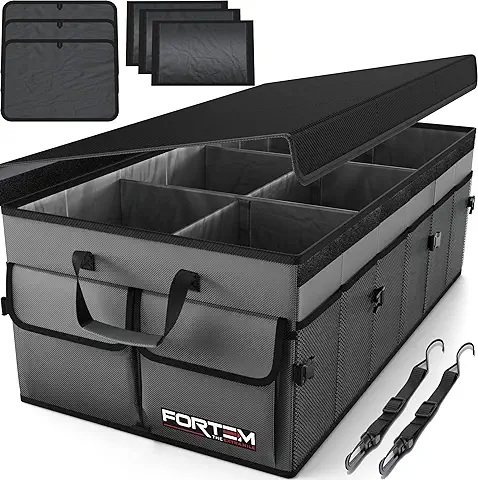 FORTEM Organizador de Maletero Coche y SUV - Organizador de Coche para Almacenamiento - Caja Plegable con 3 Compartimentos Grande - Base Antideslizante - Cinchas Ajustables - Tapa Extraíble (Gris)  