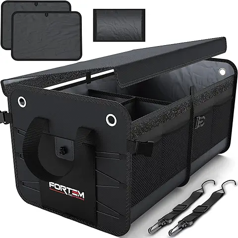 FORTEM Organizador de Maletero de Coche y SUV - Organizador de Coche para Almacenamiento – Caja Plegable con 2 Compartimentos - Base Antideslizante - Cinchas Ajustables - Tapa Extraíble (Negro)  